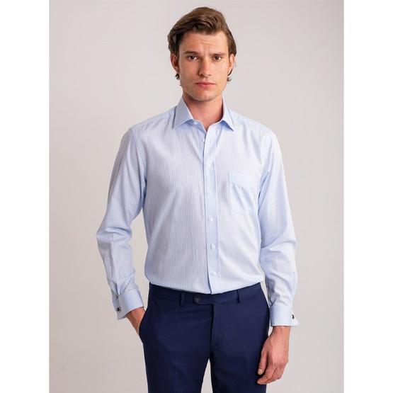 Dufy Mavı̇ Çı̇zgı̇lı̇ Pamuklu Klası̇k Regular Fit Erkek Gömlek