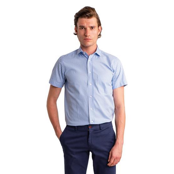 Dufy Mavı̇ Karelı̇ Pamuklu Kısa Kol Regular Fit Erkek Gömlek