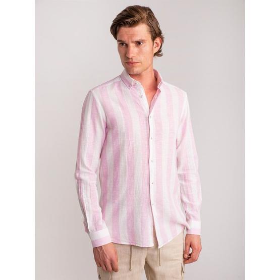 Dufy Pembe Çı̇zgı̇lı̇ Keten Nefes Alabı̇len Slim Fit Erkek Gömlek