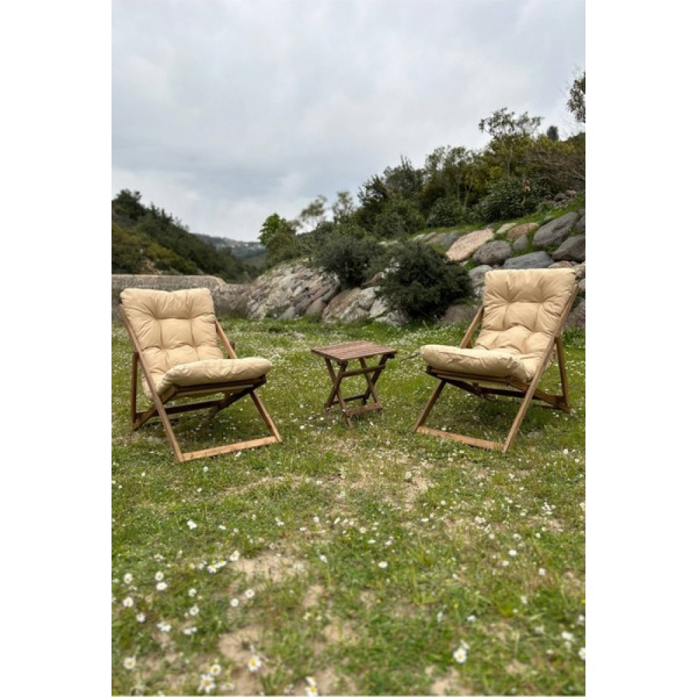 Dükkanönü Ahşap Minderli Şezlong Seti Bahçe & Balkon & Teras & Plaj (Katlanır Ikili Set - 2 Şezlong + 1 Sehpa) RH-2001 - Bej Şezlong Fiyatı