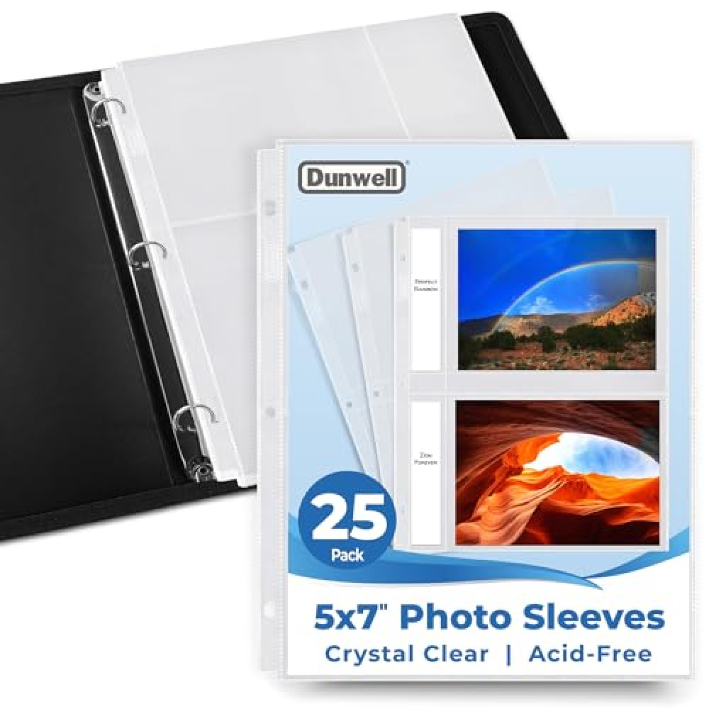 Dunwell 5x7 Photo Sleeves for 3-Ring Binder, (25 Pack) for 100 Pictures, Each Sheet Holds Four 5 x 7 Pictures or Postcards, Acid-Free Poly Plastic Photo Album Refill Pages