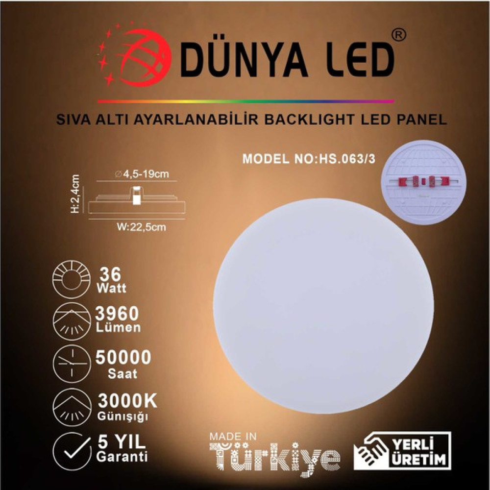 Dünya LED 36W Sıva Altı Backlight Ayarlanabilir LED Panel - 3000K - Günışığı Armatür Fiyatı