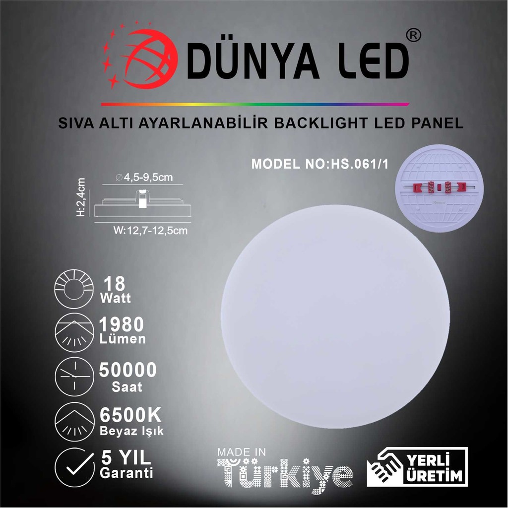 Dünya LED HS.061/1 18W Sıva Altı Backlight LED Panel 6500K Beyaz Işık Diğer Fiyatı