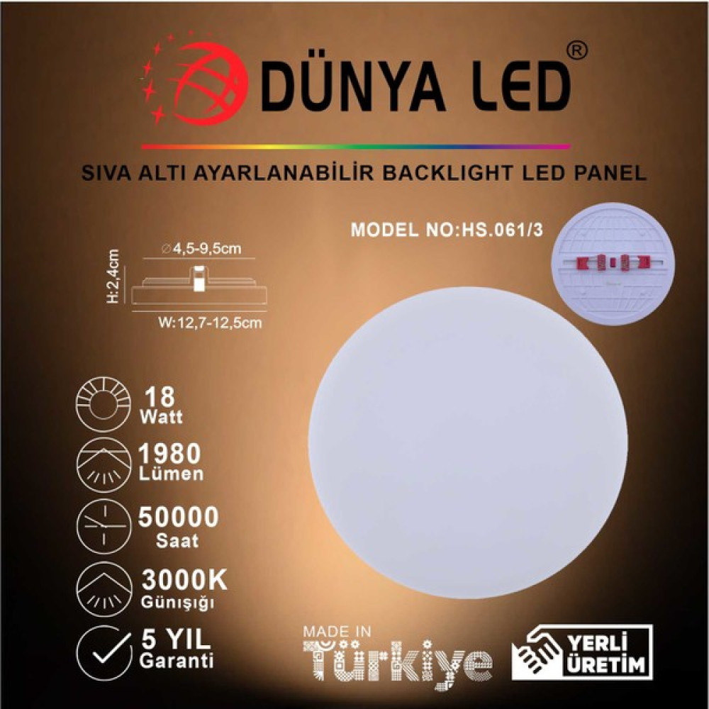 Dünya LED HS.061/3 18W Sıva Altı Backlight LED Panel 3000K Günışığı Spot Fiyatı