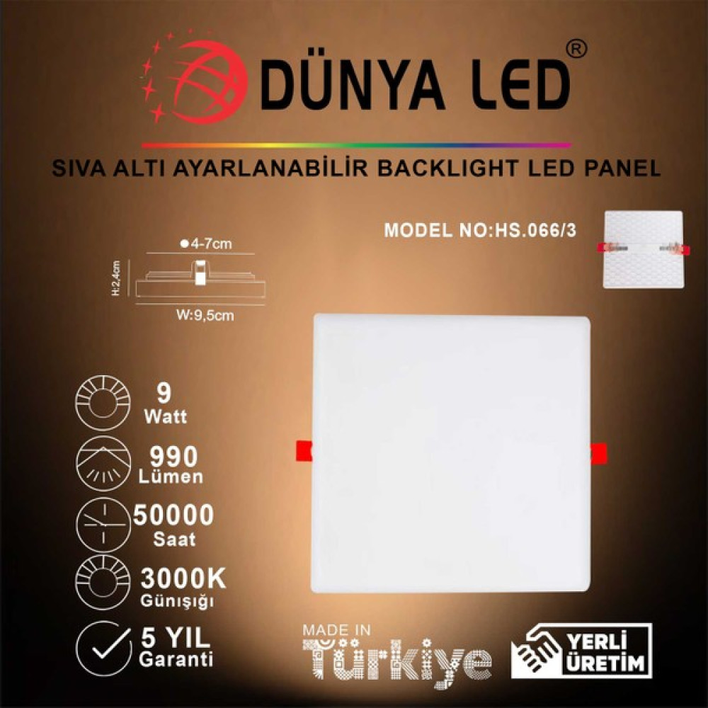 Dünya Led HS.066/3 9W Sıva Altı Backlight LED Panel 3000K Günışığı Kare - Gün Işığı Spot Fiyatı