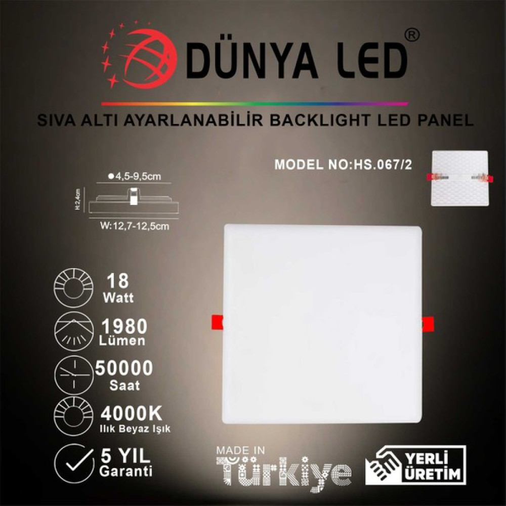 Dünya Led HS.067/2 18W Sıva Altı LED Panel 4000K Ilık Beyaz Işık Kare Spot Fiyatı