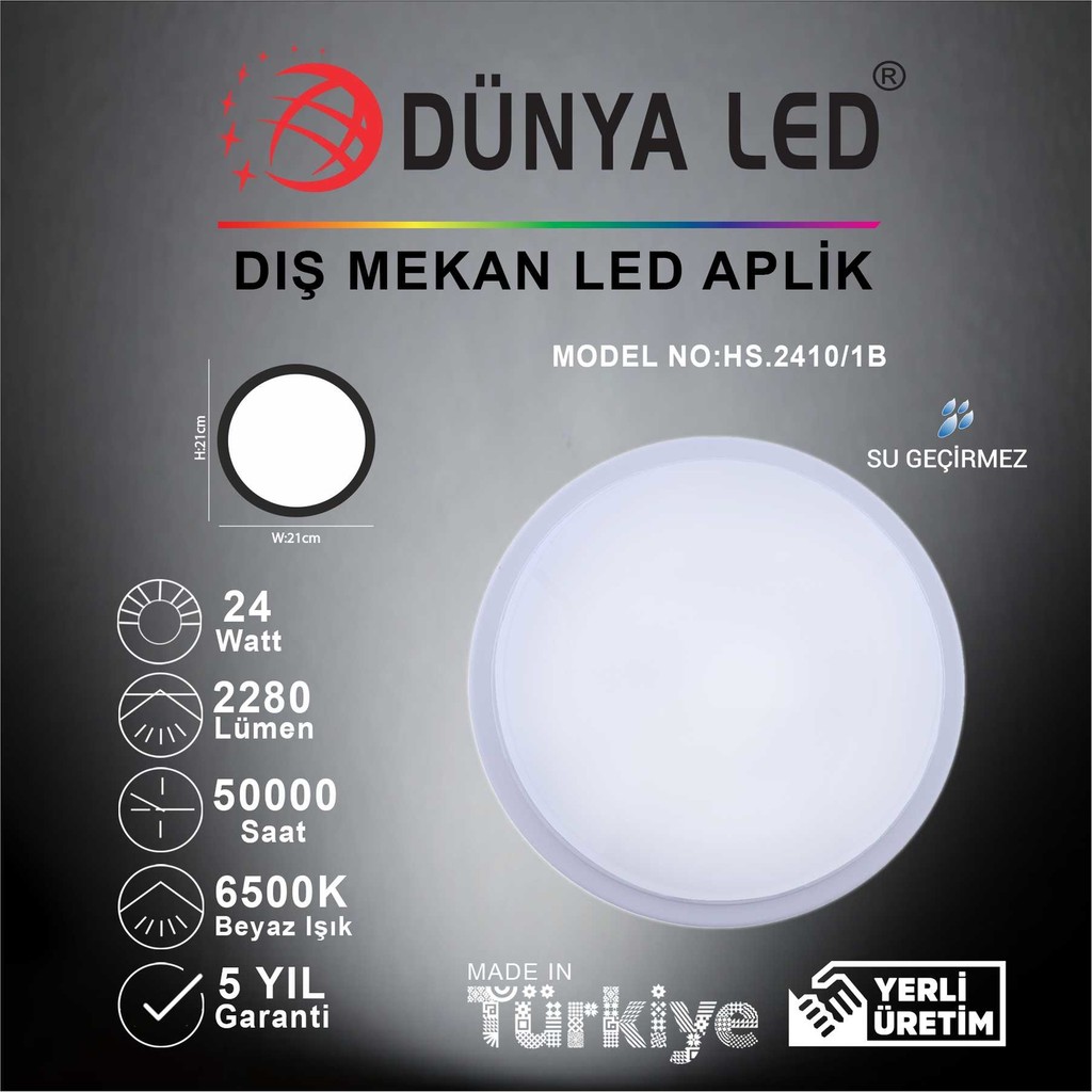 Dünya LED HS.2410/1-B 24W Beyaz LED Glob Armatür 6500K Beyaz Işık Diğer Fiyatı