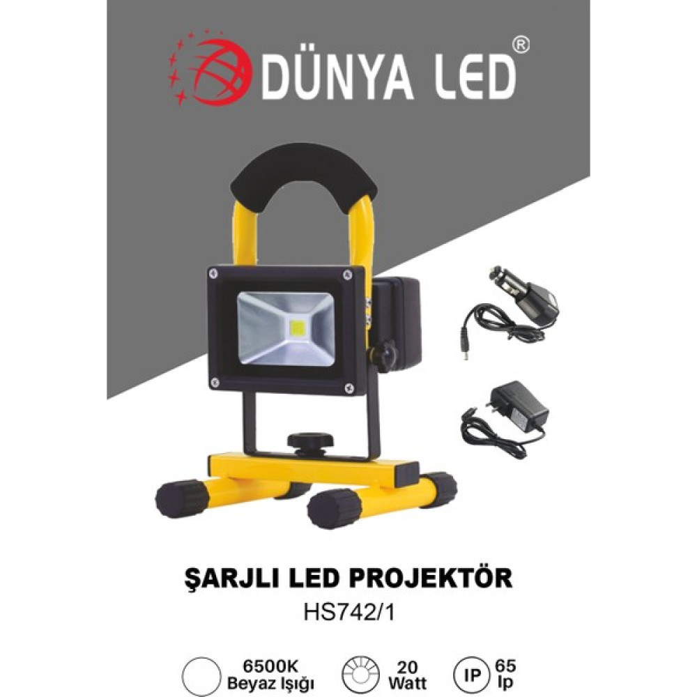 Dünya Led HS742/1 20W Şarjlı LED Projektör 6500K Beyaz Işık Alüminyum Kasa IP66 Elektrik ve Aydınlatma Fiyatı