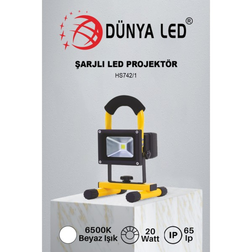 Dünya Led HS.742/1 20W Şarjlı LED Projektör 6500K Beyaz Işık Su Geçirmez Alüminyum Kasa IP66 Elektrik ve Aydınlatma Fiyatı