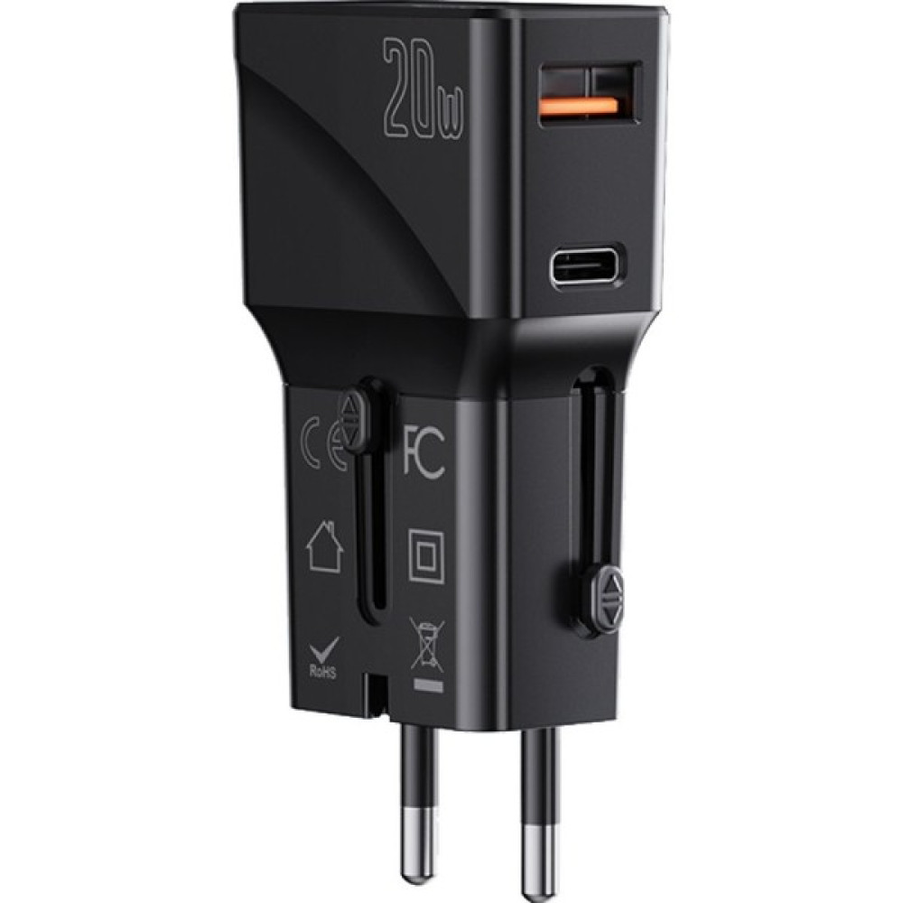 Dünya Seyahat Şarj Adaptörü (20W) Hızlı Şarj Adaptörü USB Type-c PD Çift Girişli Şarj Adaptörü (Lisanslı) MC17 - Siyah Cep Telefonu Şarj Cihazı Fiyatı