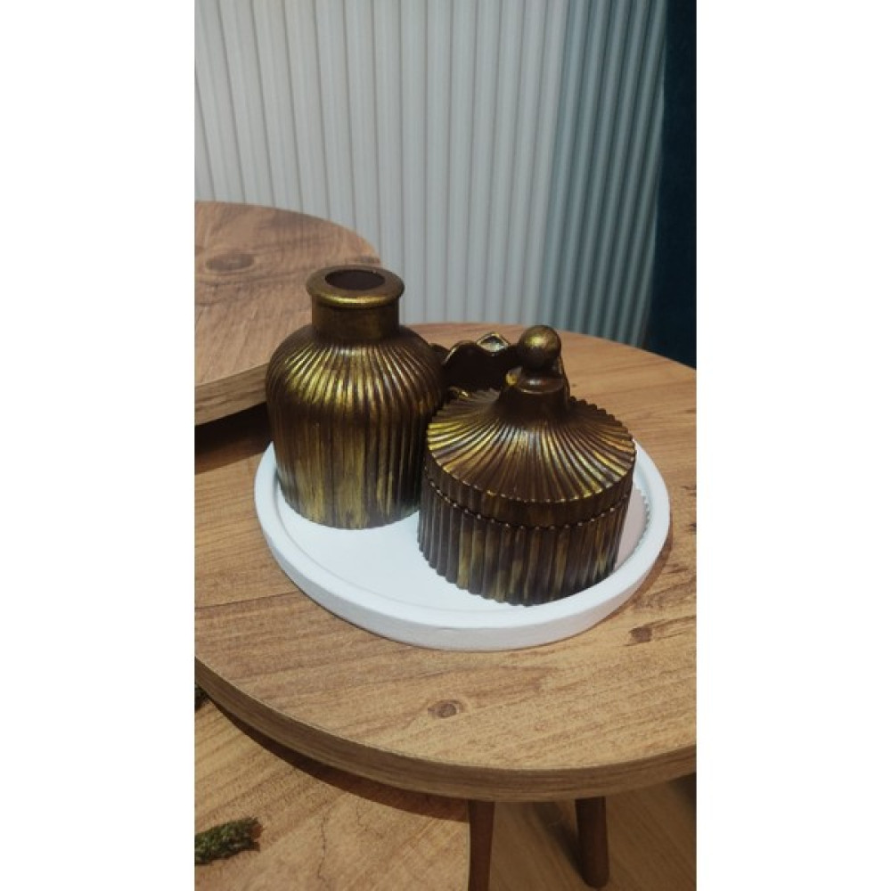 Dures Butik Dekoratif 4'lü Set - Pampas Vazo - Lotus Çiçeği Mumluk - Kapklı Kutu - Sunumluk Tepsi Vazo Fiyatı