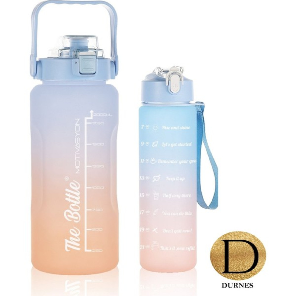 Durnes - The Bottle Motivasyonel 2li Pipetli Stickerli Su Matarası Su Şişesi Suluk 2LT+900ML Yavrulu Tritan Su Şişesi Suluk Motivasyon Set - Mavi Suluk Fiyatı
