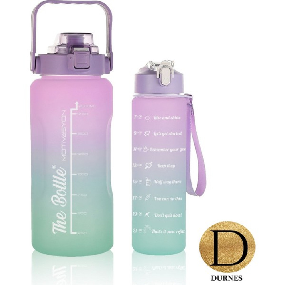 Durnes - The Bottle Motivasyonel 2li Pipetli Stickerli Su Matarası Su Şişesi Suluk 2LT+900ML Yavrulu Tritan Su Şişesi Suluk Motivasyon Set - Mor Suluk Fiyatı