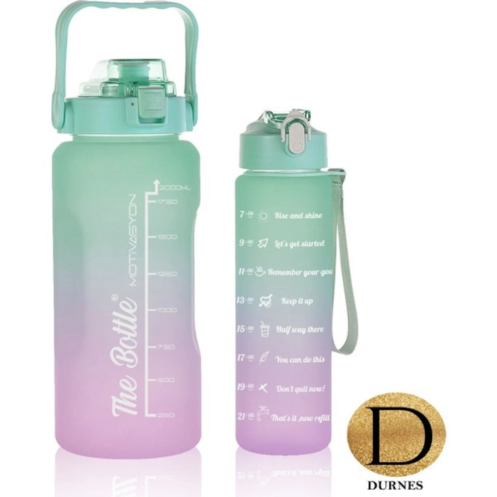 Durnes - The Bottle Motivasyonel 2li Pipetli Stickerli Su Matarası Su Şişesi Suluk 2LT+900ML Yavrulu Tritan Su Şişesi Suluk Motivasyon Set - Yeşil Suluk Fiyatı