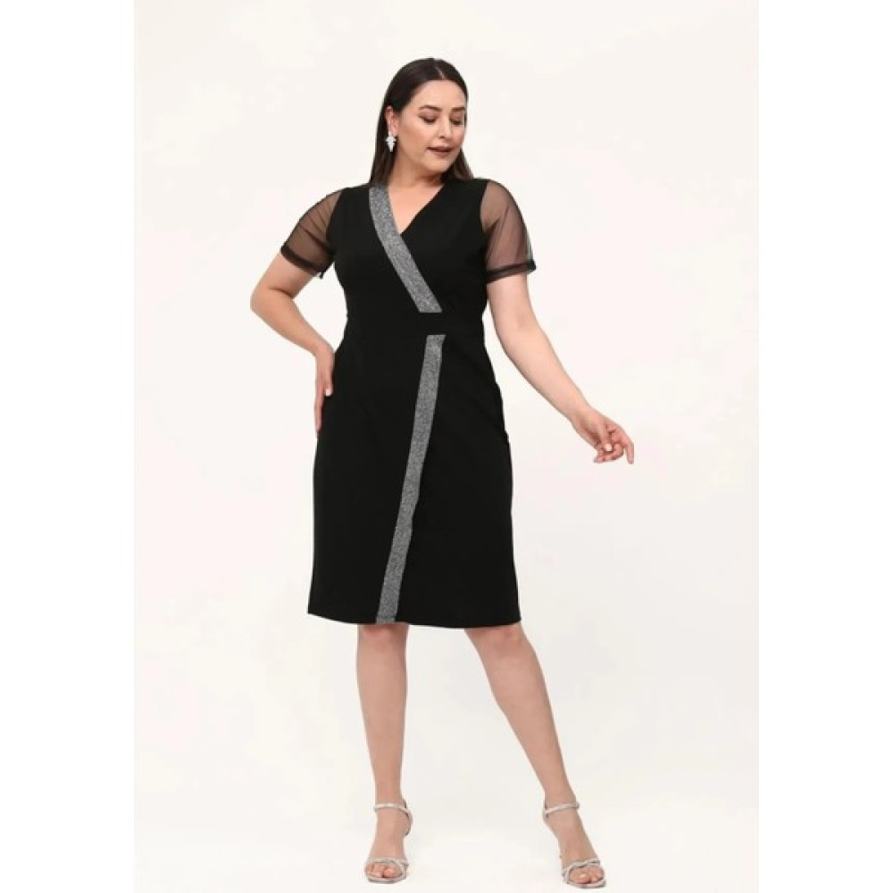 Duru Butik Kadın Siyah Büyük Beden Sim Şeritli Kolları Tüllü Elbise Elbise Fiyatı