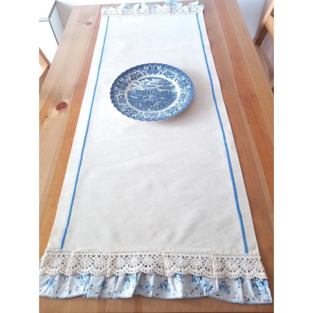 Duru Fabrics Atelier Runner-Mavi Çiçekli Fırfırlı-Otantik Runner - 45 x 110 cm - Ekru - Krem Masa Örtüsü Fiyatı