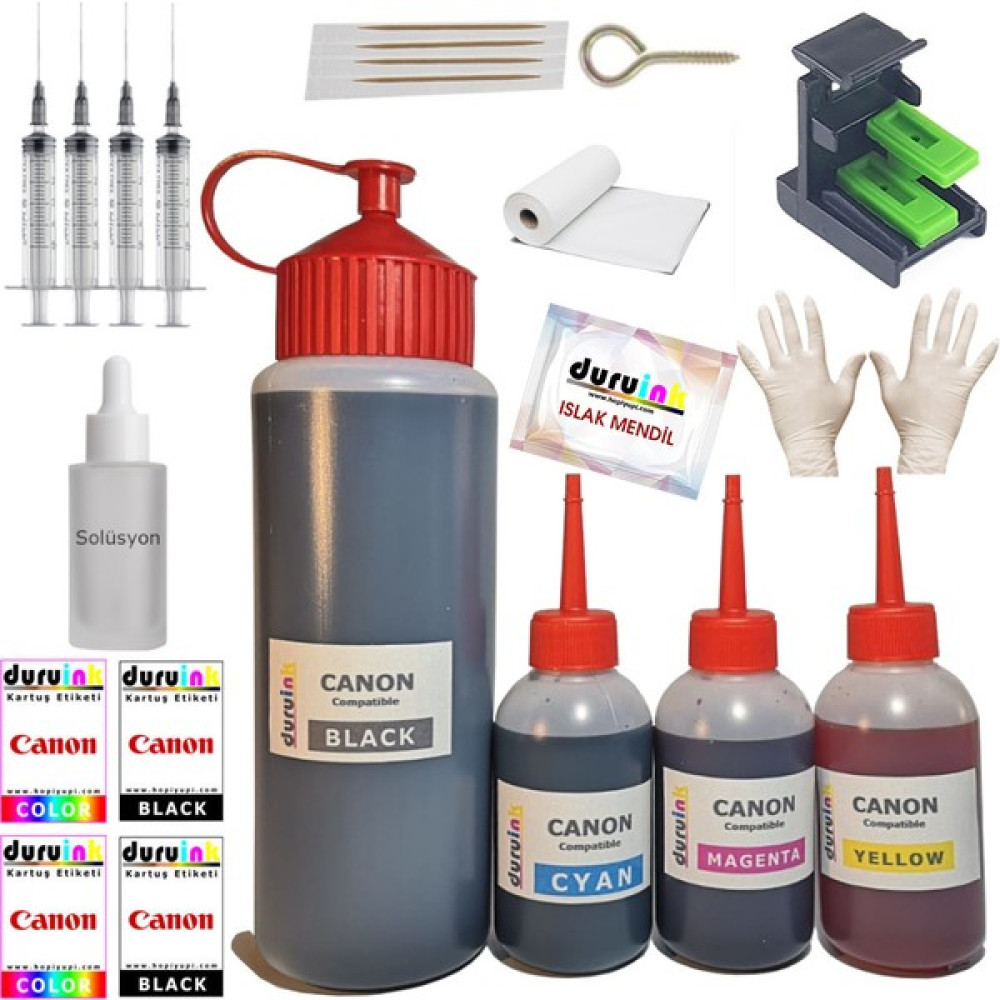 Duruink Canon E404 E414 Yazıcı Uyumlu Kartuş Dolum Seti 500ML SİYAH+3X100ML Renkli Mürekkep Kartuş Dolum Ürünleri Fiyatı