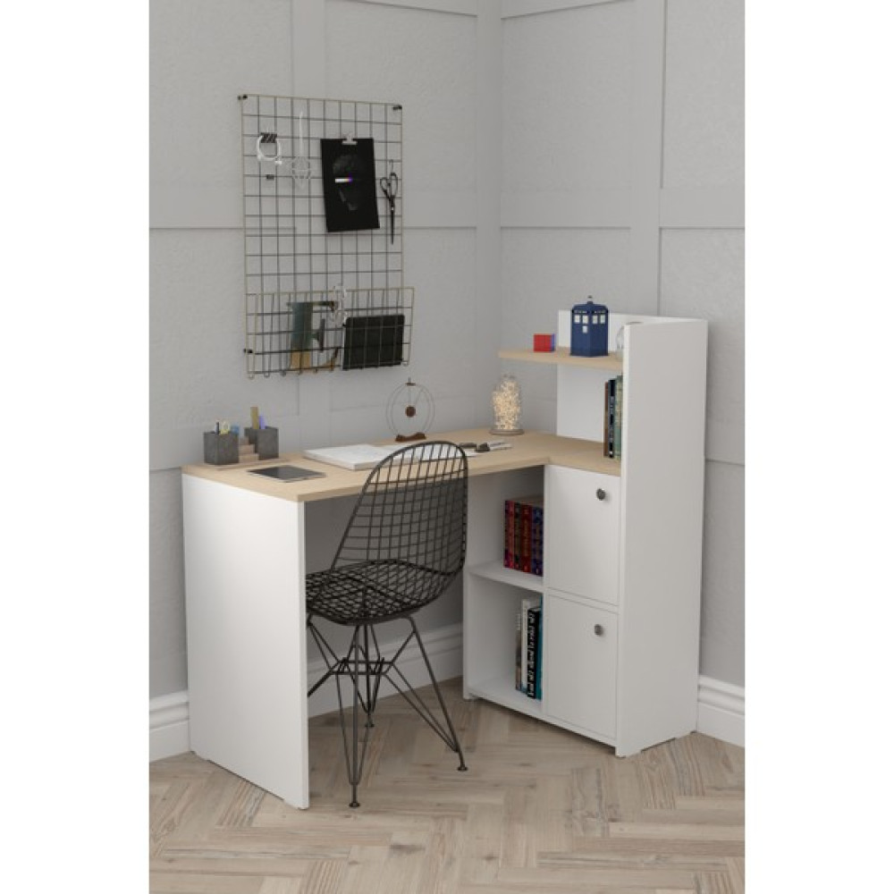 Durusilya L Çalışma Masası Kitaplıklı Dolaplı - 110 x 50 x 75 cm - Meşe - Beyaz Çalışma Masası Fiyatı