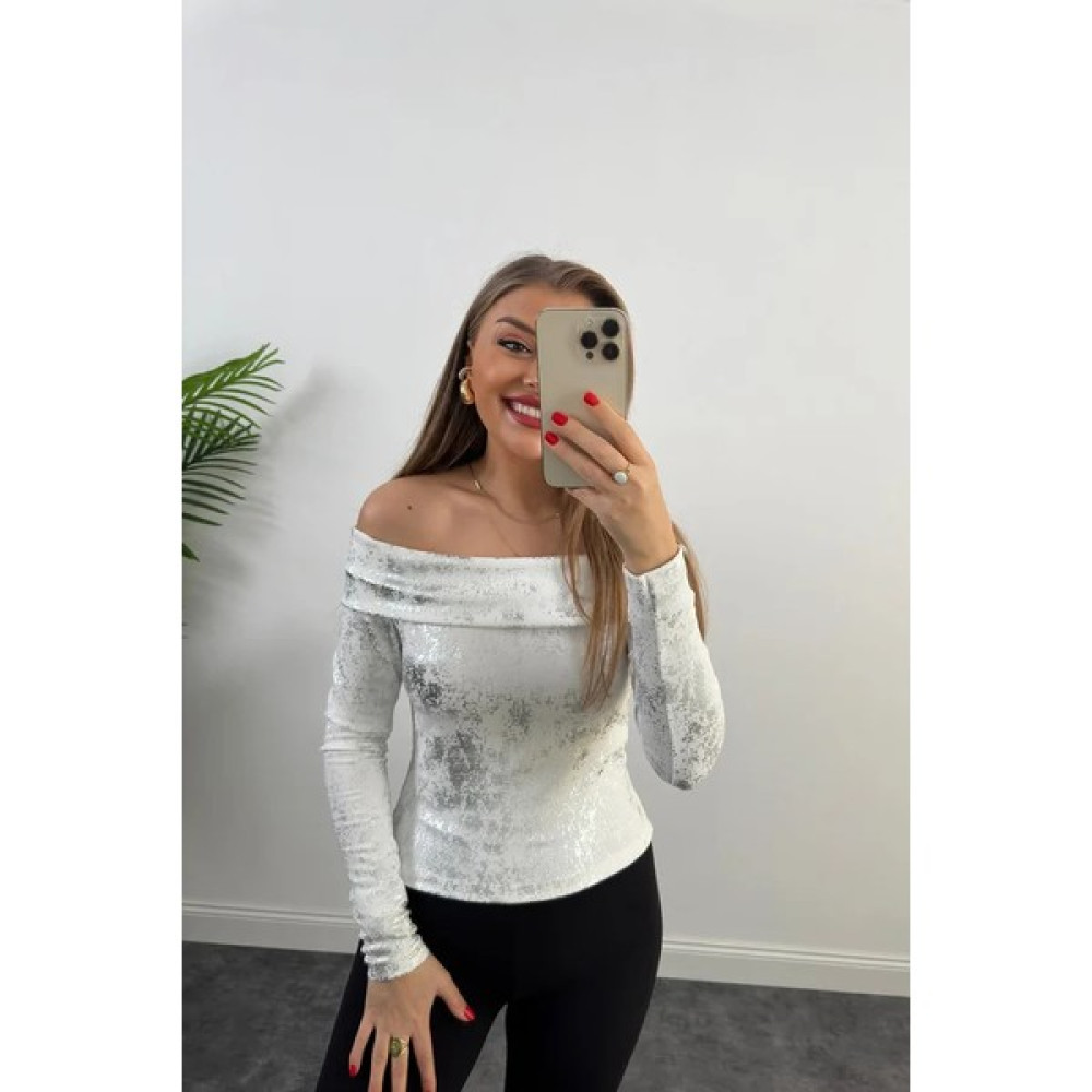 Duso Home Ottoman Kumaş Varaklı Likralı Madonna Yaka Bluz Beyaza Gümüş Bluz Fiyatı