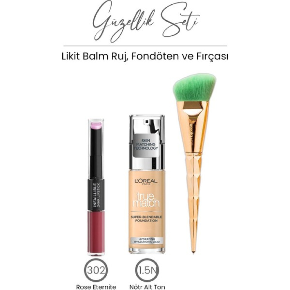 Düvenci Toptan Loreal Paris True Match Fondöten 1.5n, Likit Ruj Balm 302 ve Fondöten Fırçası Fondötenler Fiyatı