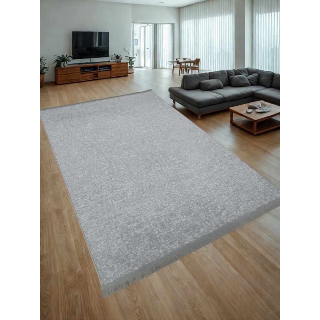 Düz Desen Gri Saçaklı Kaymaz Taban Kesme Yıkanabilir Halı Yolluk - 200 x 450 cm - Gri - Gri Salon Halısı Fiyatı