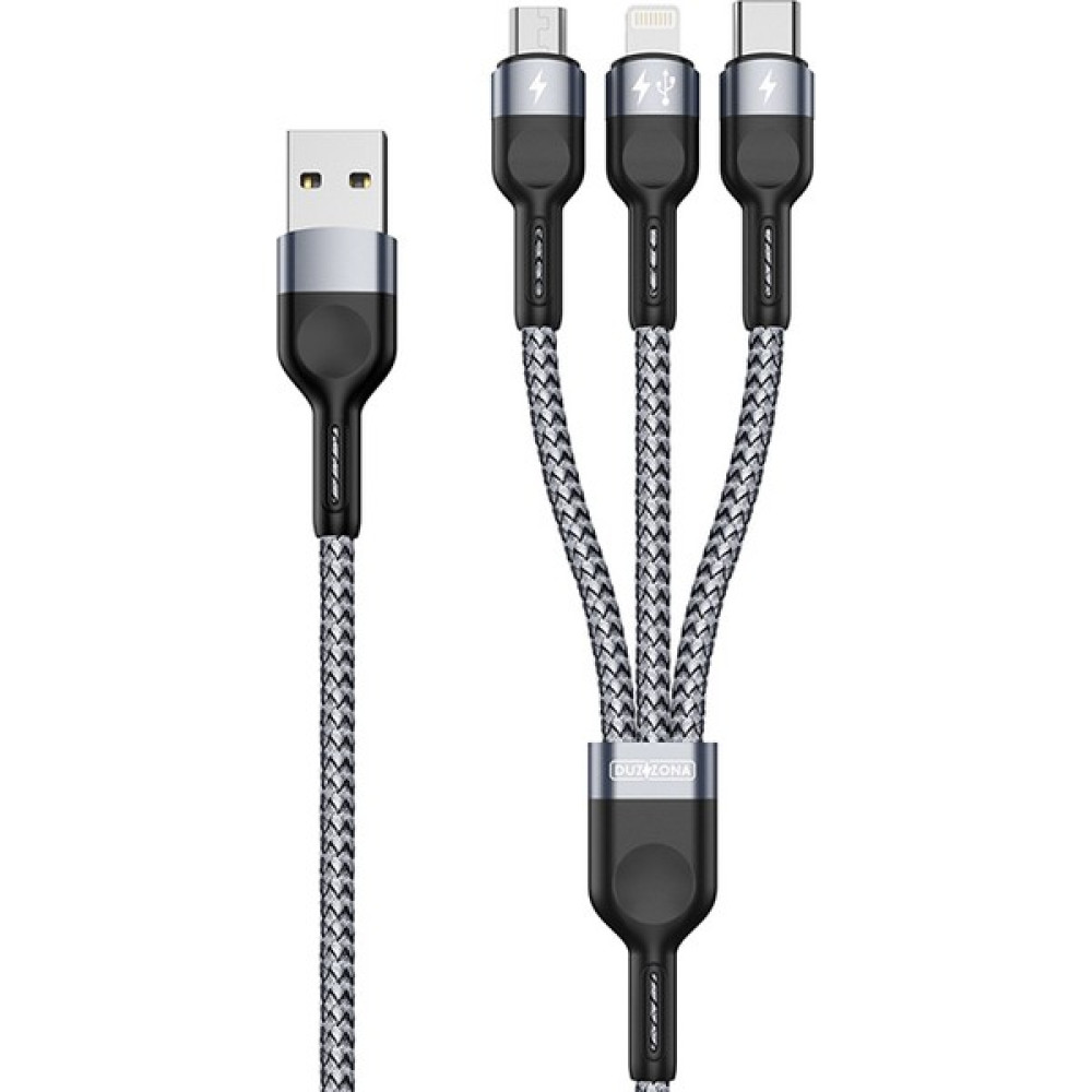 Duzzona A3 3in1 Type-C + iPhone Lightning + Micro USB 3A Hızlı Şarj Kablosu 1.3m - Gri Cep Telefonu Şarj Cihazı Fiyatı