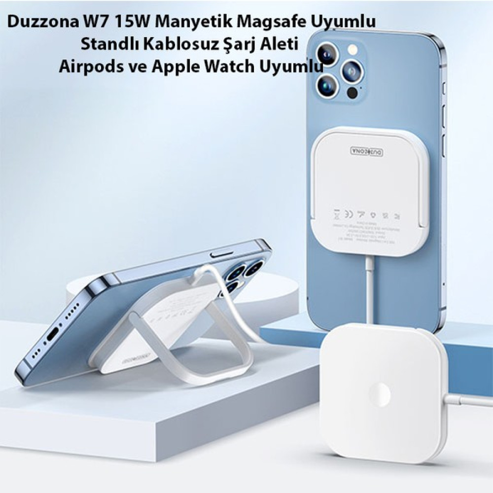 Duzzona W7 15W Manyetik Magsafe Uyumlu Standlı Kablosuz Şarj Aleti-Airpods ve Apple Watch Uyumlu Cep Telefonu Şarj Cihazı Fiyatı