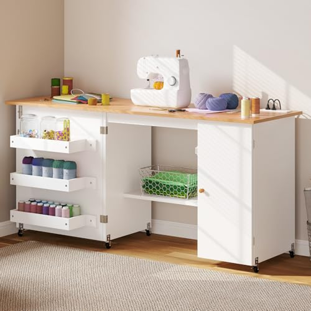 DWVO Large Folding Sewing Table with Charging Station, Multipurpose Craft Table with Compact Design, Sewing Cabinet with Lockable Casters, Storage Shelves, Magnetic Doors, White Sewing Machine Accessories Fiyatı