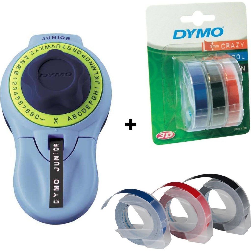 Dymo Junior Etiket Makinesi + 3'lü Blisterli Yedek Şerit 9 mm x 3 m Tekli Paket Mavi Kırmızı Siyah Etiket Makinesi Fiyatı
