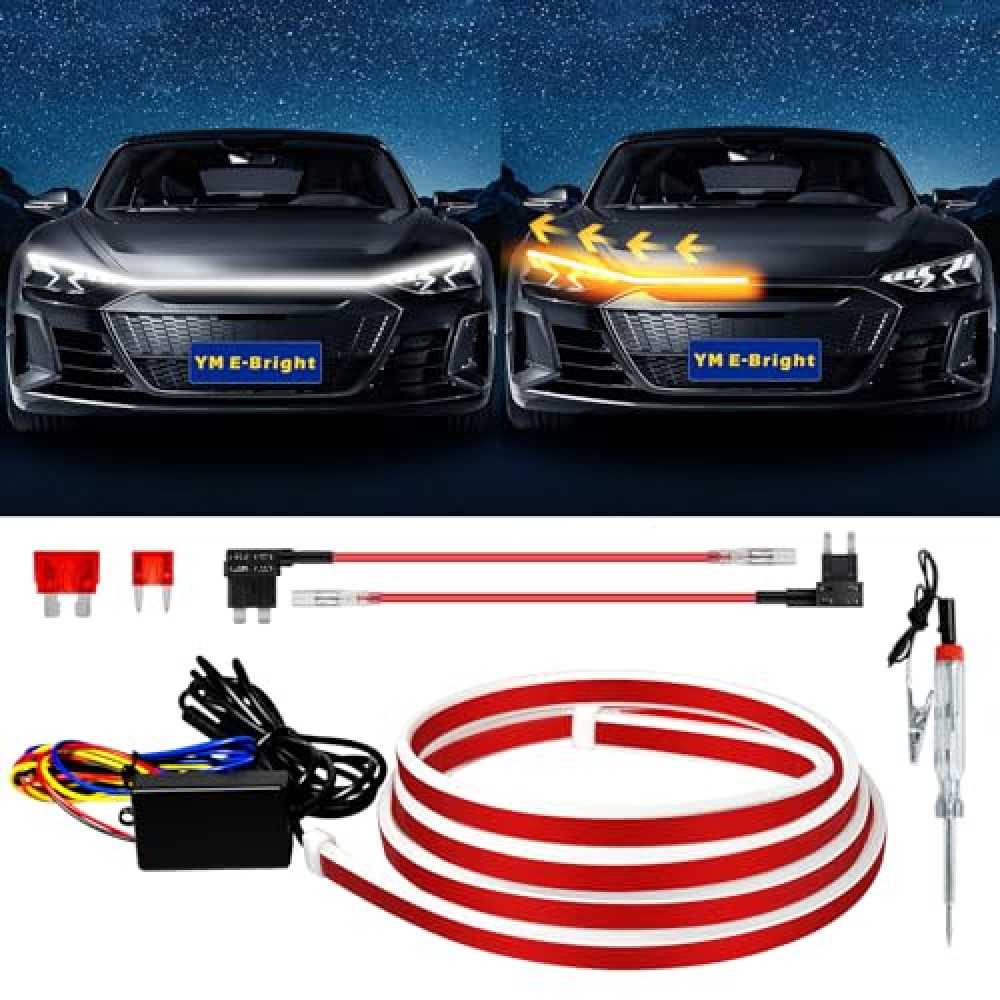 Dynamic Scan Start Up Hood Light Strip Sequential Flowing Turn Signal Lights Flexible DRL Daytime Running Headlight Car Led Light Strip Exterior,Dual Color Amber White Switchback 12V 70inch (1 Set)