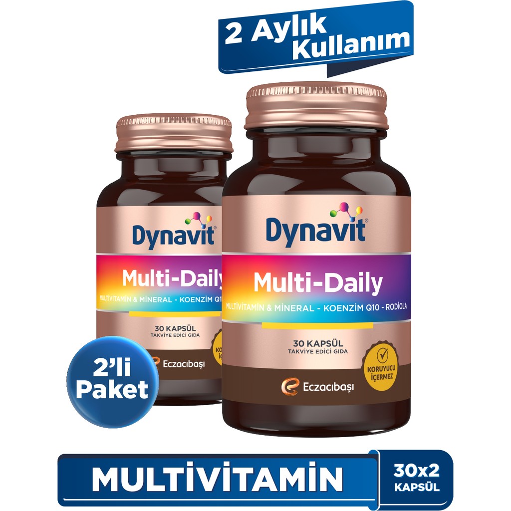 Dynavit Multi-Daily 30 Kapsül x2 - Multivitamin&Enerji - 13 Vitamin, 7 Mineral, Koenzim Q10, Rhodiola Ekstresi (Multi-Daily) Complex Diğer Fiyatı