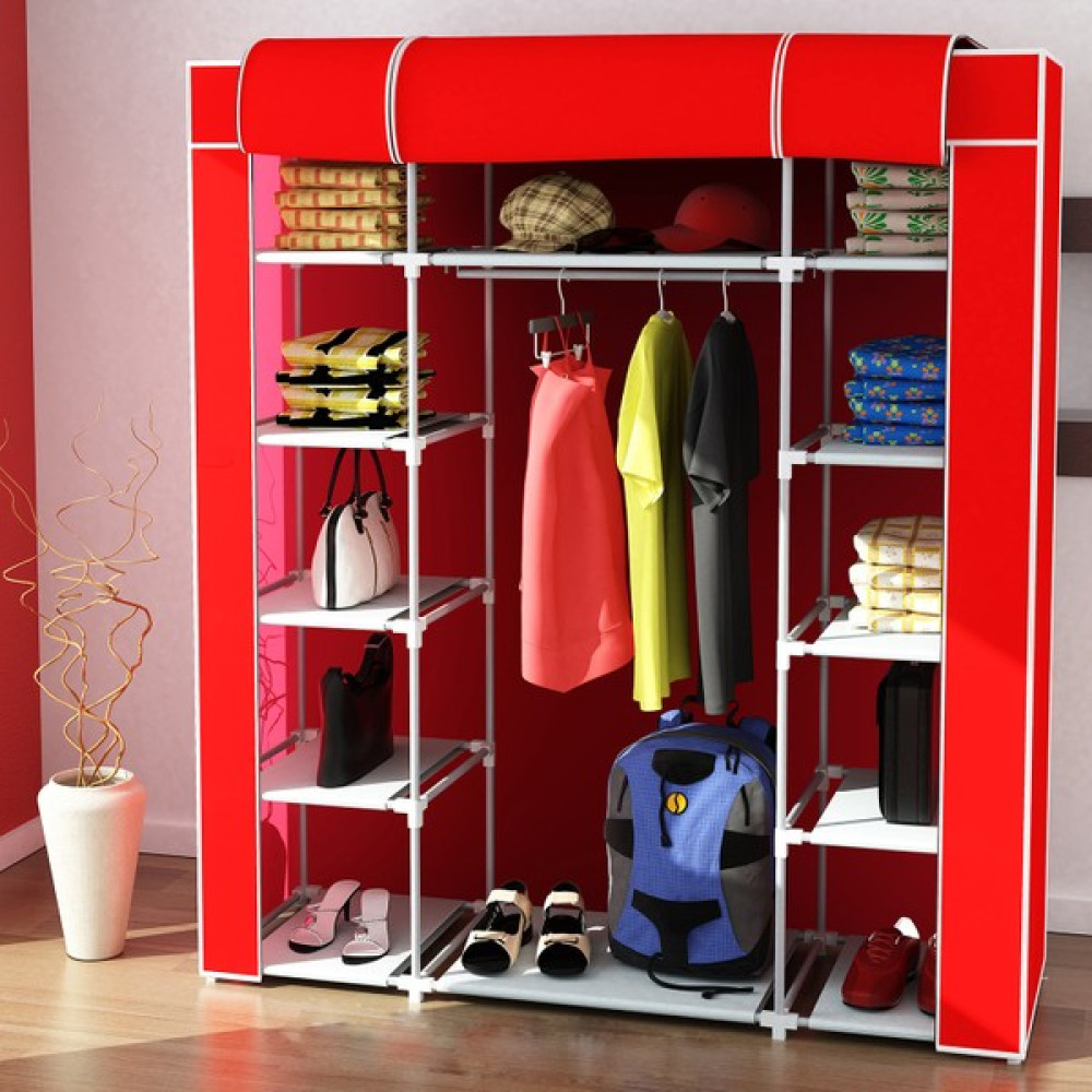 Dzgn Home Çift Yandan Raflı Metal Çelik Profilli Bez Dolap Gardırop - Kırmızı Gardrop & Dolap Fiyatı