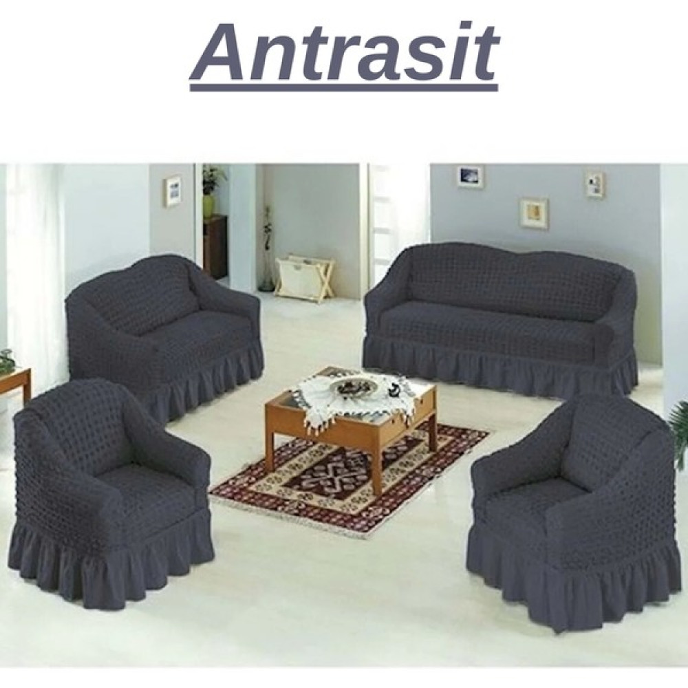 E Bahar 3+2+1+1 Bürümcük Koltuk Takımı Örtüsü. Etekli Streç Esnek Lastikli Çekyat Kanepe Kılıfı - 180 x 230 cm - Antrasit Koltuk & Kanepe Örtüsü Fiyatı