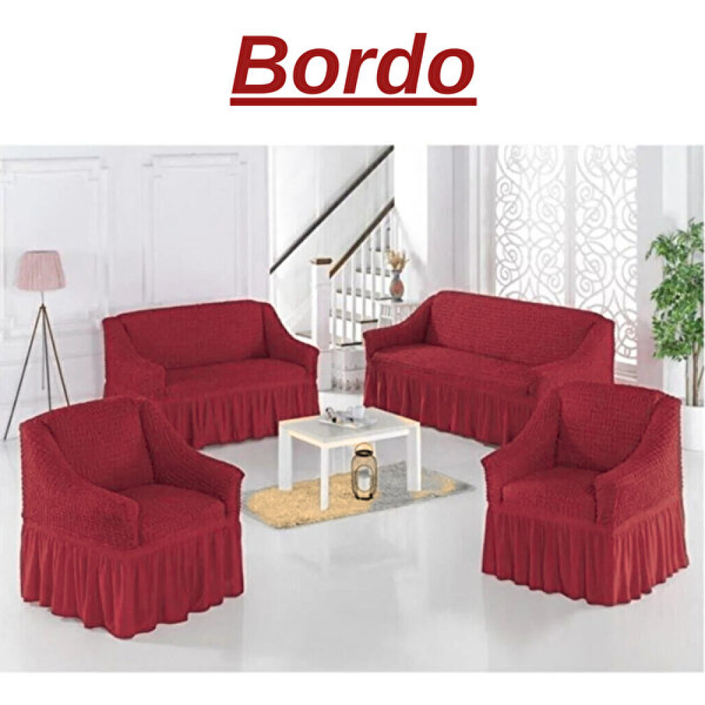 E Bahar 3+2+1+1 Bürümcük Koltuk Takımı Örtüsü. Etekli Streç Esnek Lastikli Çekyat Kanepe Kılıfı - 180 x 230 cm - Bordo Koltuk & Kanepe Örtüsü Fiyatı