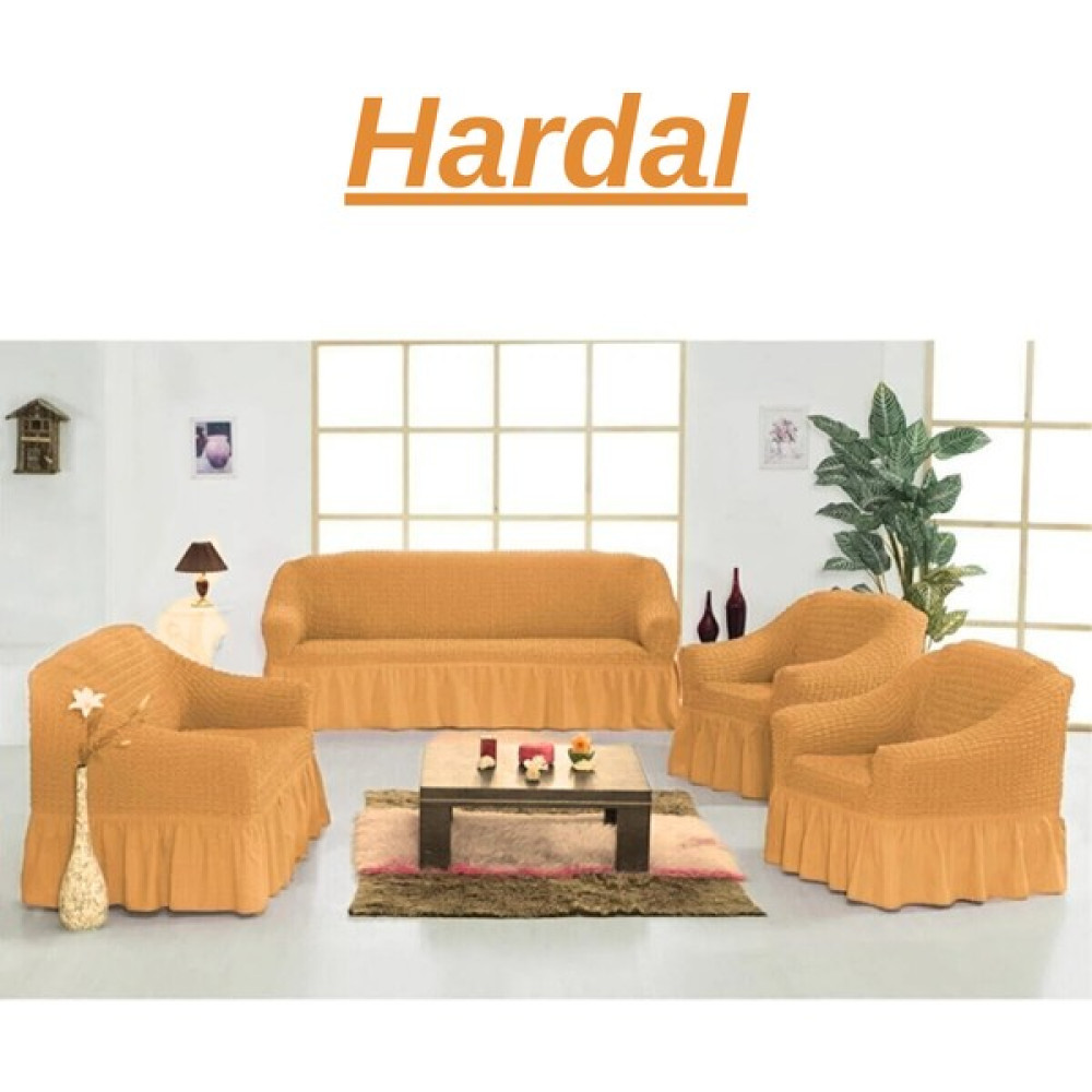 E Bahar 3+2+1+1 Bürümcük Koltuk Takımı Örtüsü. Etekli Streç Esnek Lastikli Çekyat Kanepe Kılıfı - 180 x 230 cm - Hardal Koltuk & Kanepe Örtüsü Fiyatı