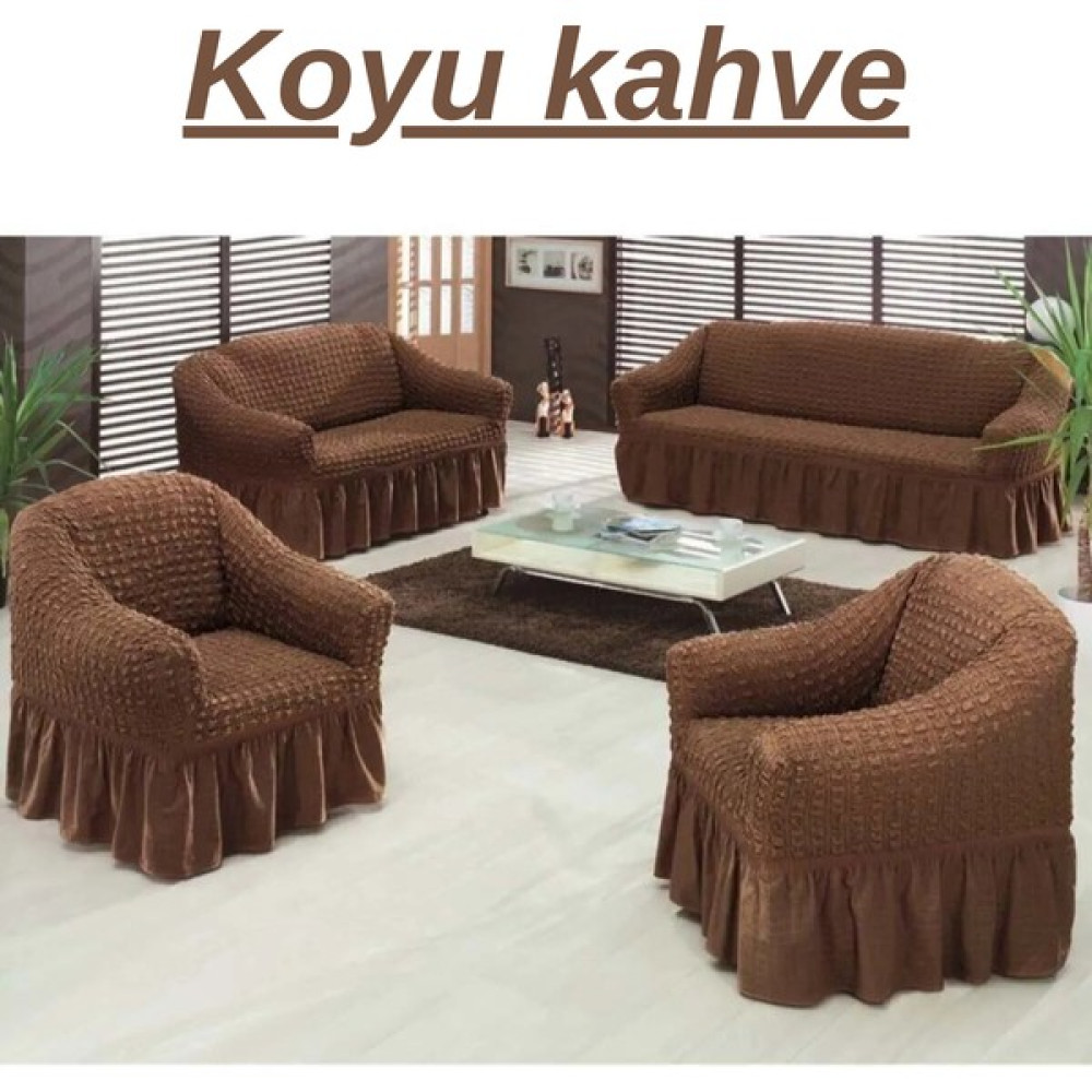 E Bahar 3+2+1+1 Bürümcük Koltuk Takımı Örtüsü. Etekli Streç Esnek Lastikli Çekyat Kanepe Kılıfı - 180 x 230 cm - Koyu Kahverengi Koltuk & Kanepe Örtüsü Fiyatı