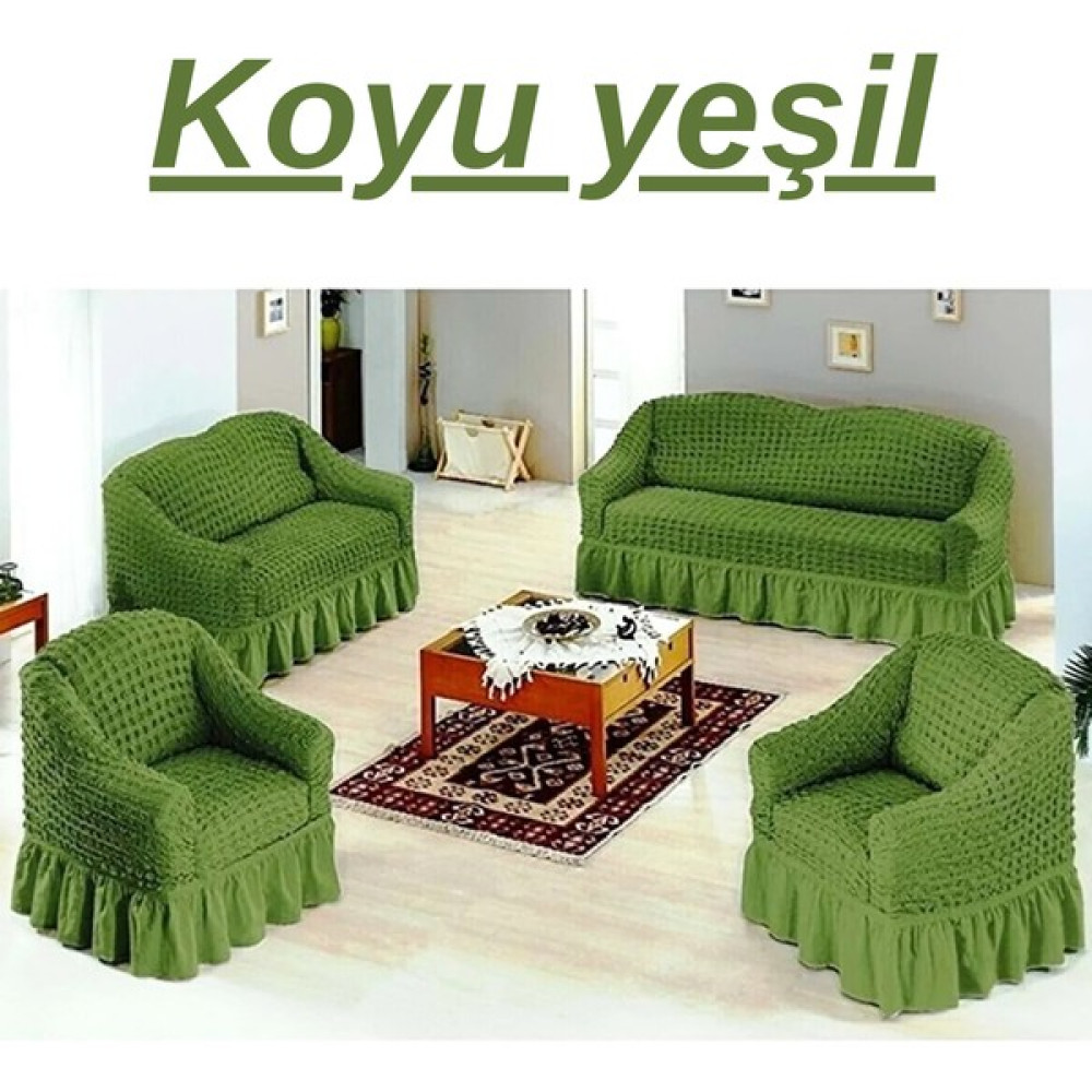 E Bahar 3+2+1+1 Bürümcük Koltuk Takımı Örtüsü. Etekli Streç Esnek Lastikli Çekyat Kanepe Kılıfı - 180 x 230 cm - Koyu Yeşil Koltuk & Kanepe Örtüsü Fiyatı