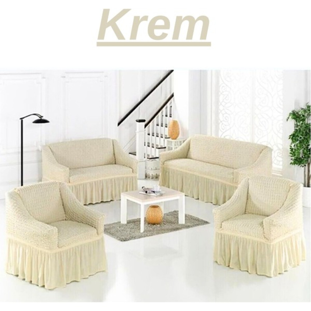 E Bahar 3+2+1+1 Bürümcük Koltuk Takımı Örtüsü. Etekli Streç Esnek Lastikli Çekyat Kanepe Kılıfı - 180 x 230 cm - Krem Koltuk & Kanepe Örtüsü Fiyatı