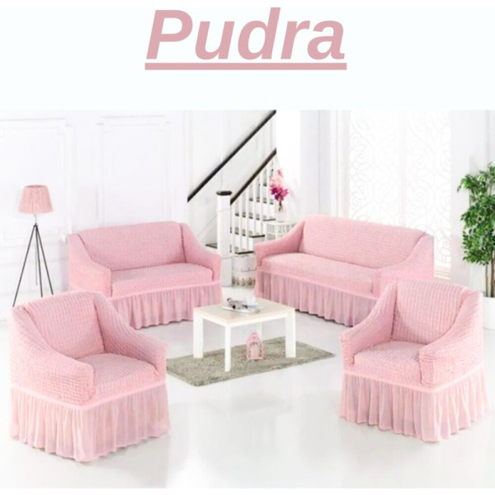 E Bahar 3+2+1+1 Bürümcük Koltuk Takımı Örtüsü. Etekli Streç Esnek Lastikli Çekyat Kanepe Kılıfı - 180 x 230 cm - Pudra Koltuk & Kanepe Örtüsü Fiyatı