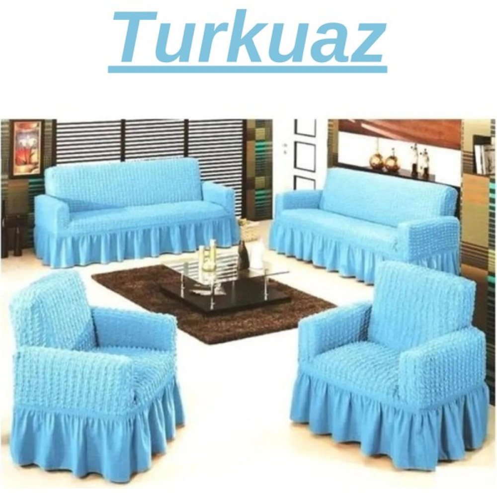 E Bahar 3+2+1+1 Bürümcük Koltuk Takımı Örtüsü. Etekli Streç Esnek Lastikli Çekyat Kanepe Kılıfı - 180 x 230 cm - Turkuaz Koltuk & Kanepe Örtüsü Fiyatı