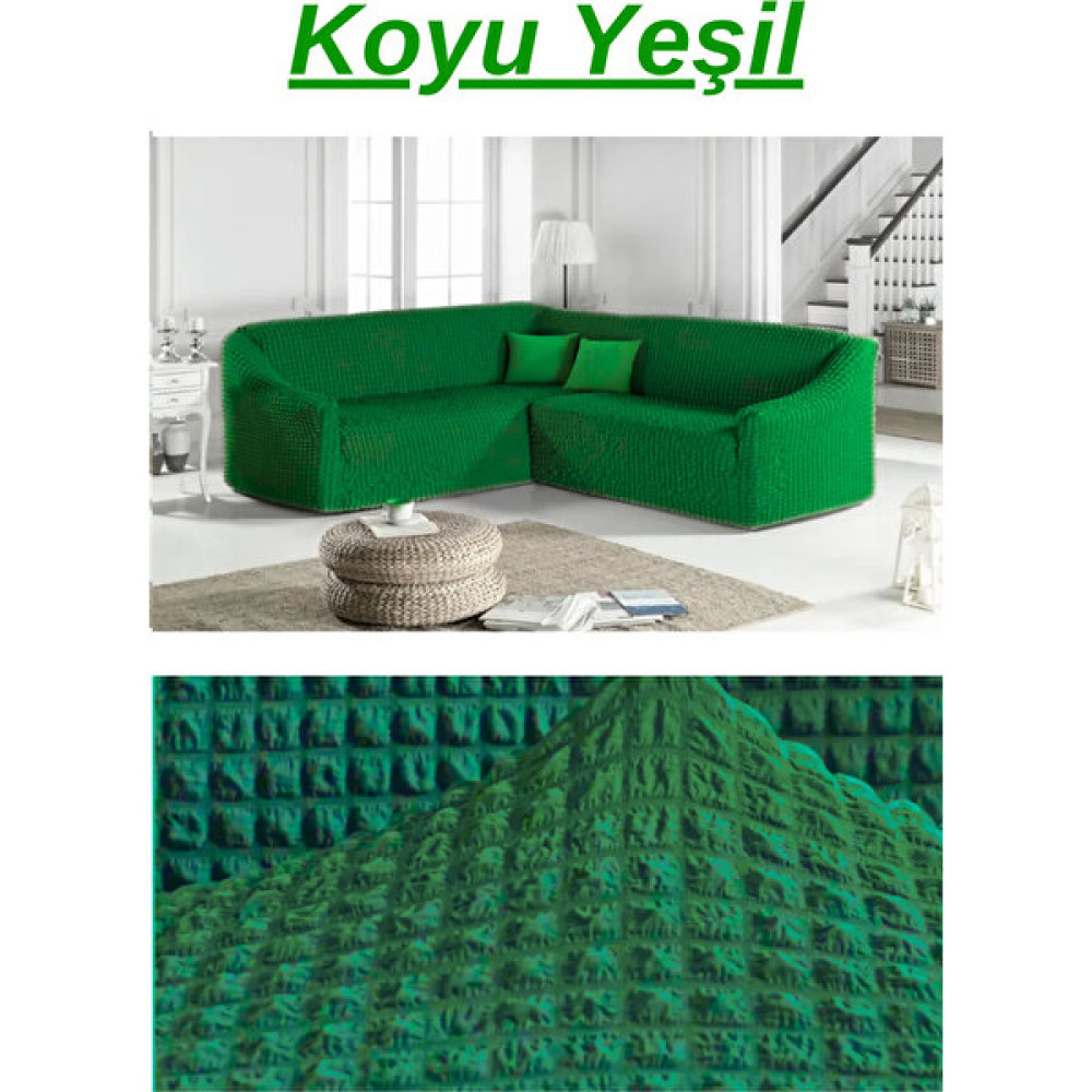 E Bahar Bürümcük L Köşe Koltuk Örtüsü. Boydan Eteksiz Streç Esnek Lastikli Çekyat Kanepe Kılıfı. - 300 x 350 cm - Koyu Yeşil Koltuk & Kanepe Örtüsü Fiyatı