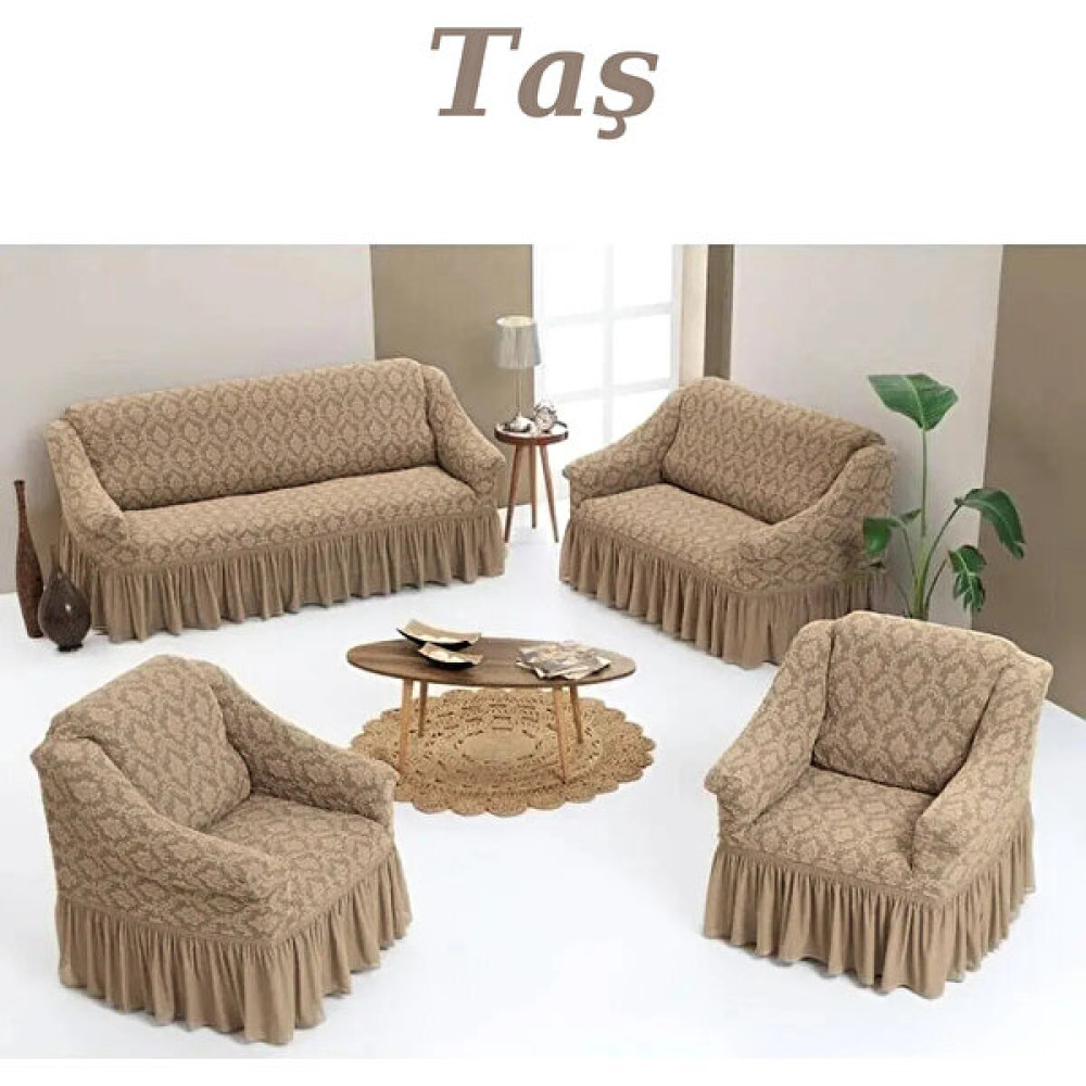 E Bahar Jakarlı 3+2+1+1 Koltuk Takımı Örtüsü. Lastikli, Esnek, Yıkanabilir Koltuk, Kanepe, Çekyat Kılıfı - 180 x 230 cm - Taş Rengi Koltuk & Kanepe Örtüsü Fiyatı