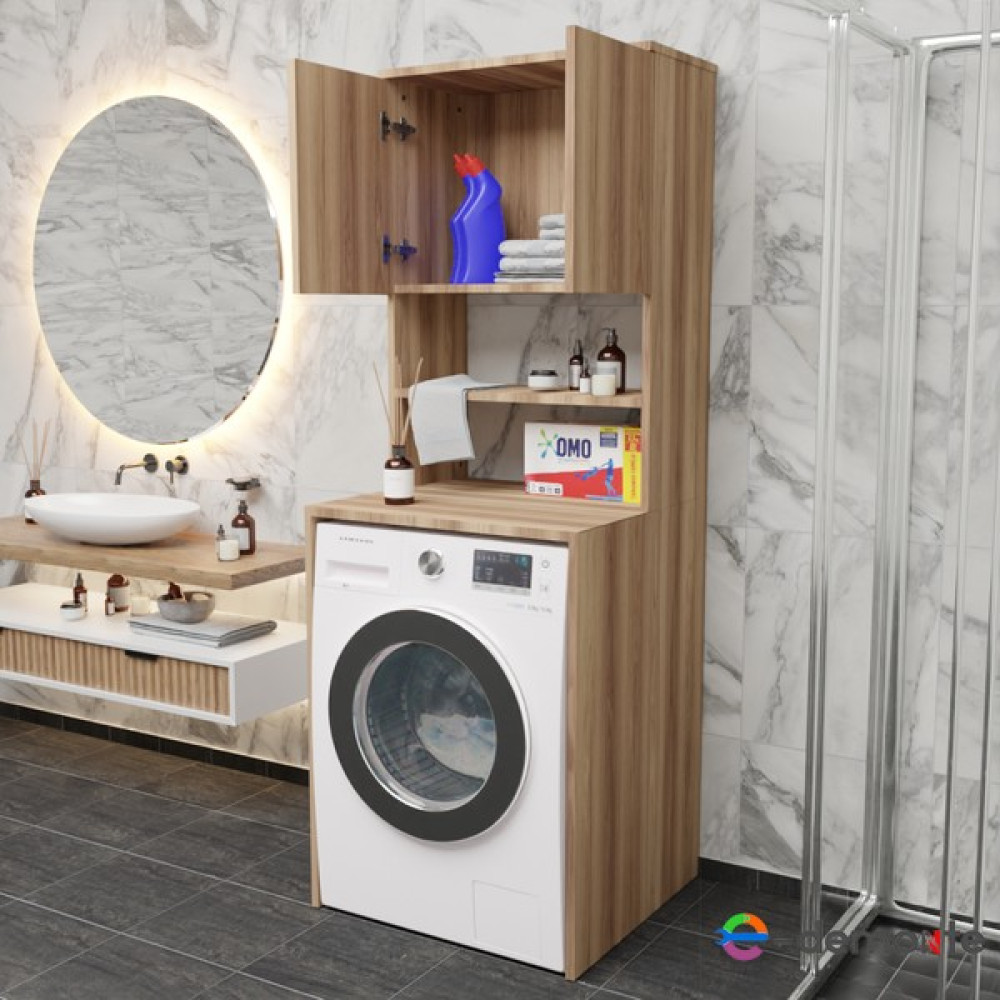 E-Demonte BD144 - Üstü Kapaklı Çamaşır Makinesi Dolabı Hazar - Beyaz - Ceviz Banyo Dolabı / Mobilyası Fiyatı