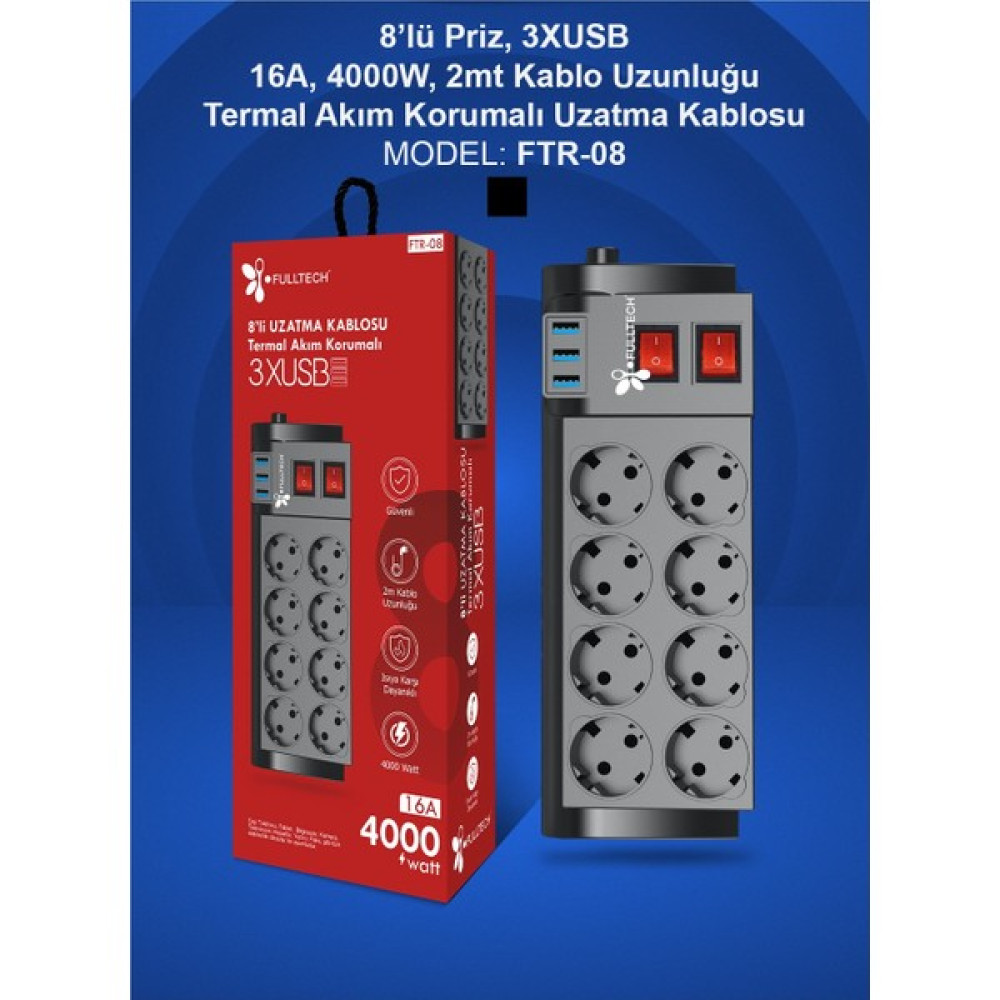 E-Trendy Shop Ftr-08 8'li Termal Akım Korumalı 3 Usbli Priz Prizler Fiyatı
