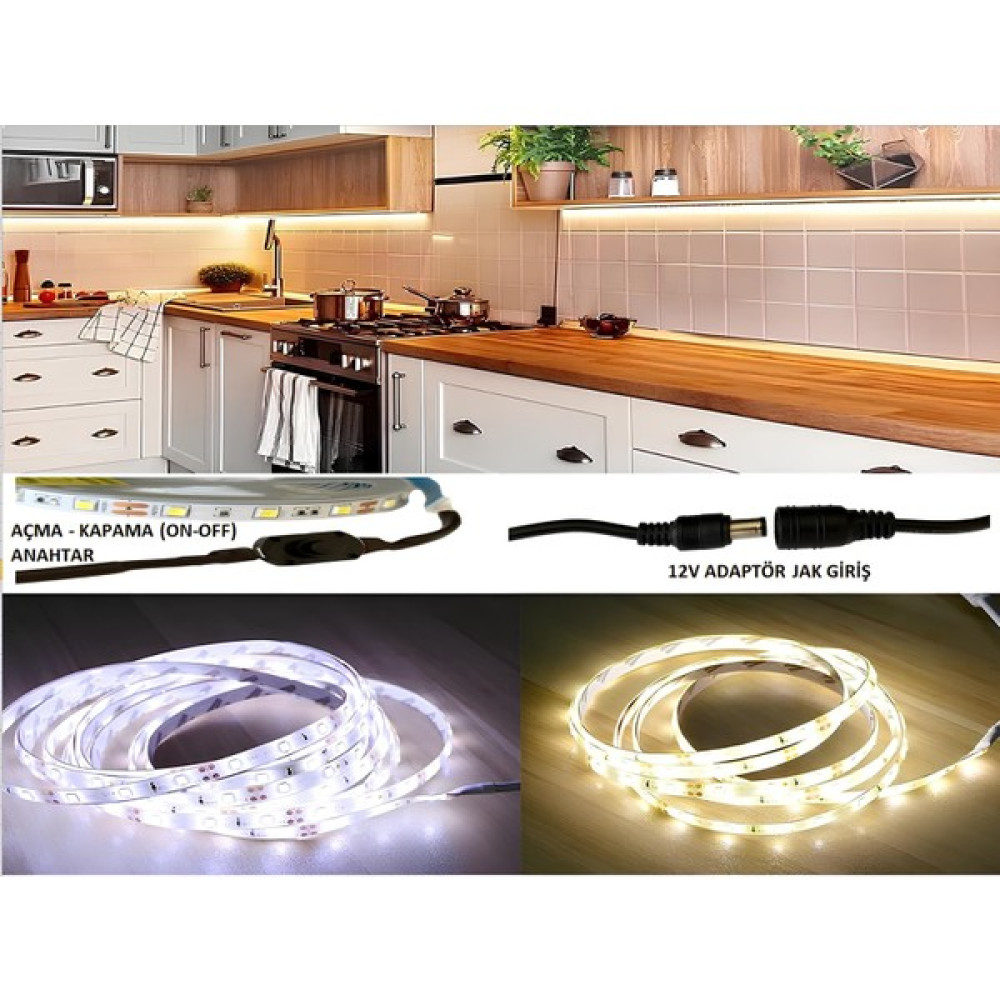 E-Tüccar Mutfak Tezgah Üstü (Dekoratif) 5 Metre Beyaz Şerit LED 12V Adaptör Aç Kapa (On-Off) Anahtarlı - 5 m - 6500K - Beyaz Işık Led Aydınlatmalar Fiyatı