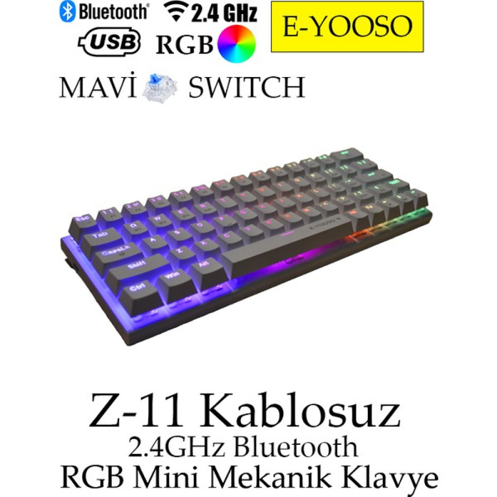 E-Yooso Z-11 Kablosuz 2.4ghz Bluetooth Mavi Swıtch %60 Mini Mekanik Klavye - MAVI SWITCH Oyuncu Klavyesi Fiyatı