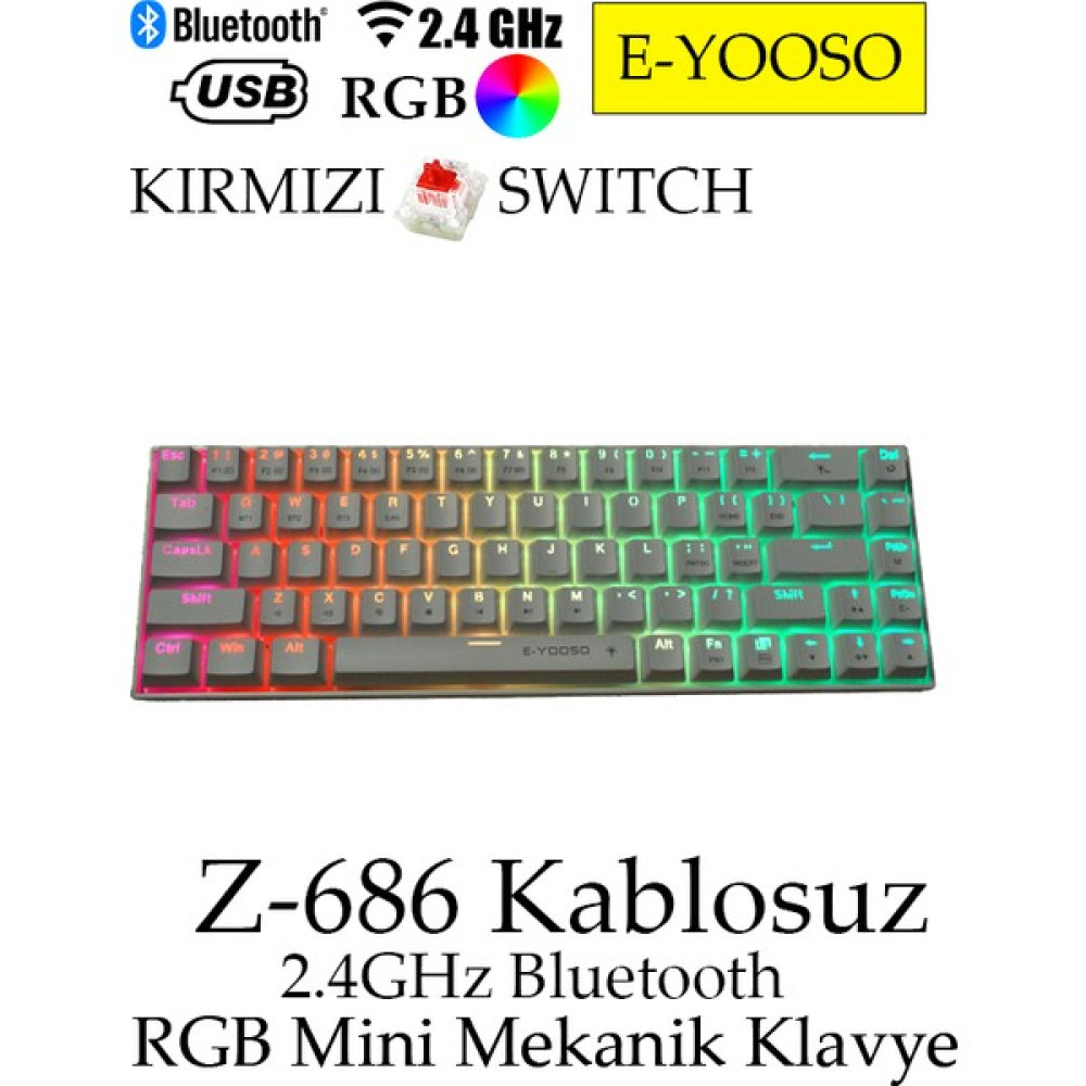 E-Yooso Z-686 Kablosuz 2.4ghz Bluetooth Kırmızı Swıtch %60 Mini Mekanik Klavye - KIRMIZI SWITCH Oyuncu Klavyesi Fiyatı