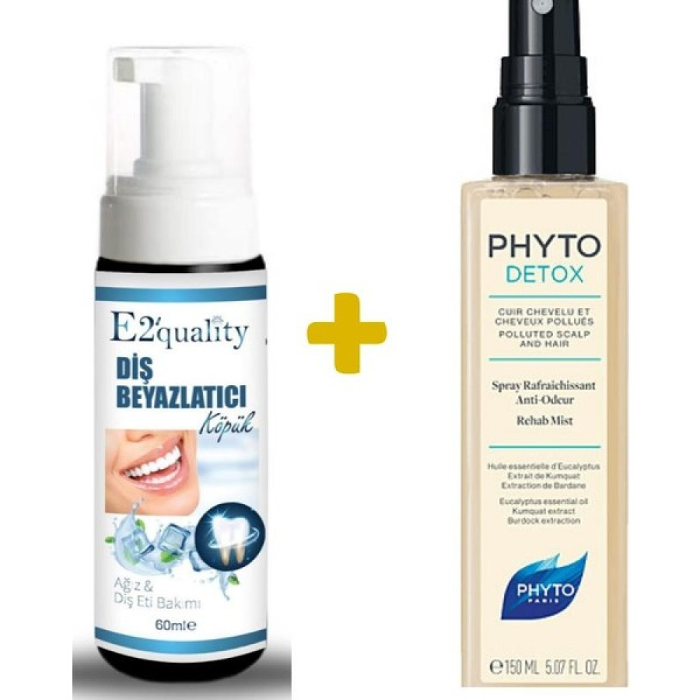 E2'Quality Diş Beyazlatıcı Köpük + Phyto Phytodetox Cansız Ve Mat Saçlar Için Koku Giderici Sprey 150 Ml - 1 Diş Beyazlatıcılar Fiyatı