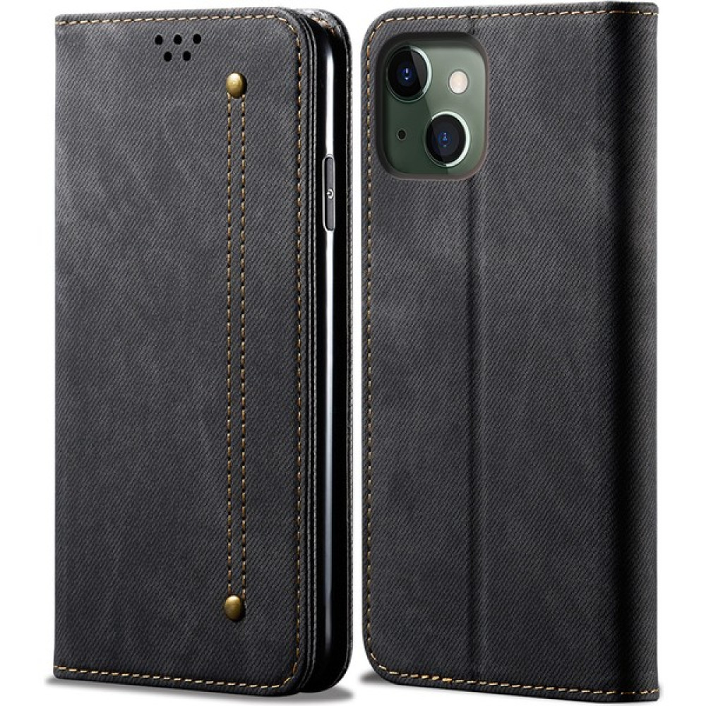 Eabhulie iPhone 13 Için Retro Kot Deri Flip Cüzdan Standlı Kılıf Kapaklı (Yurt Dışından) - Siyah Cep Telefonu Kılıfı Fiyatı