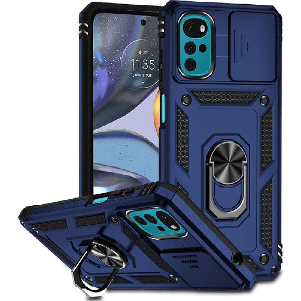 Eabhulie Motorola Moto G22 2022 Için Halka Ayaklı ve Kayar Kamera Kapaklı Telefon Kılıf - Mavi (Yurt Dışından) Cep Telefonu Kılıfı Fiyatı